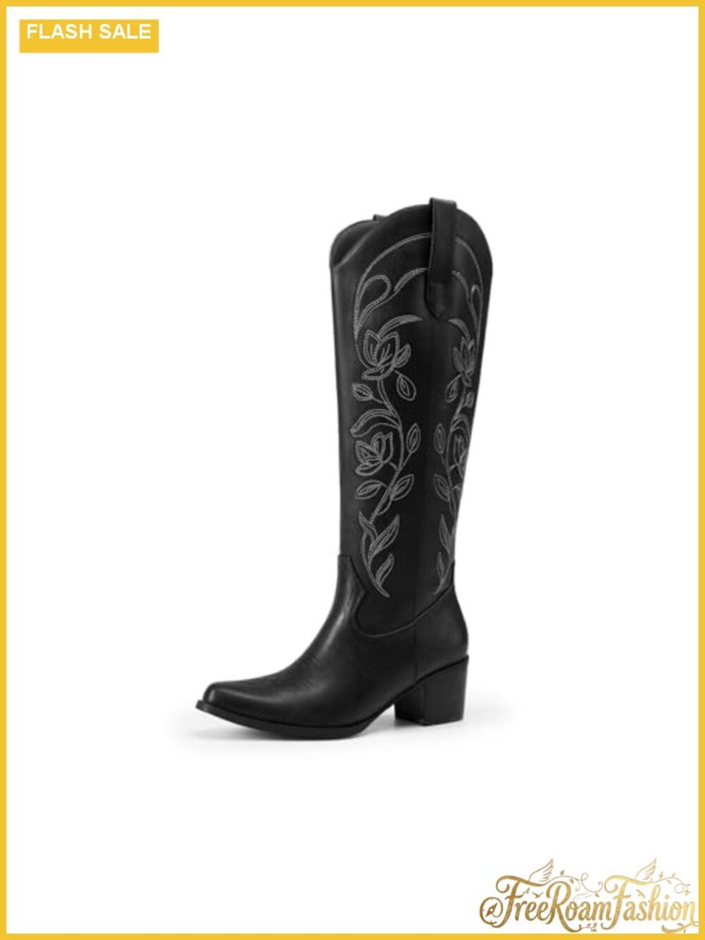 Knee High Cowboy Boots with Floral Embroidery and Memory Foam Insole
